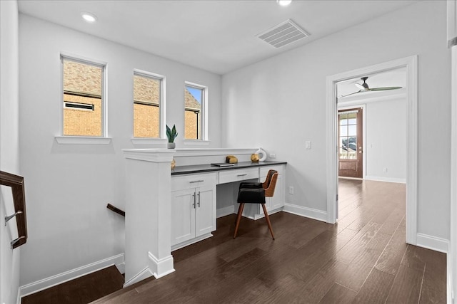 home office with dark hardwood / wood-style flooring and built in desk