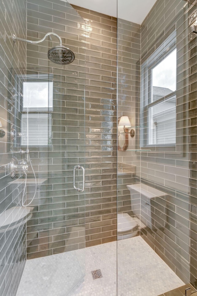 bathroom featuring a shower with shower door