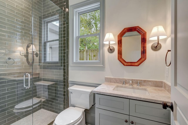 bathroom featuring toilet, vanity, and a shower with shower door