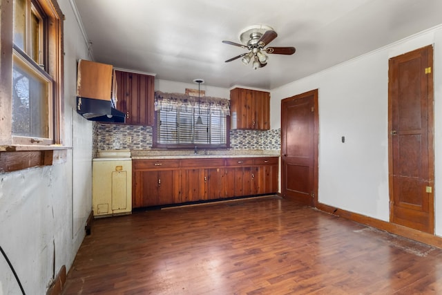 kitchen featuring dark wood-type flooring, sink, tasteful backsplash, ornamental molding, and ceiling fan