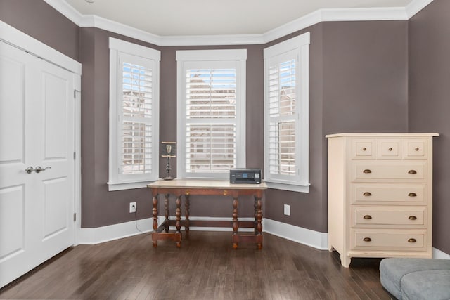 home office featuring ornamental molding and dark hardwood / wood-style flooring