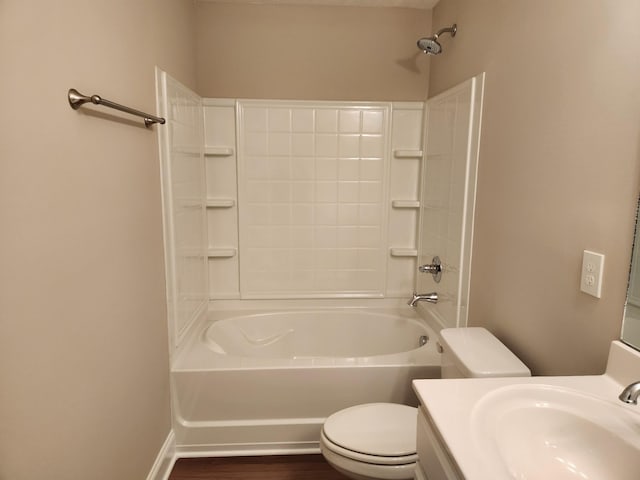 full bathroom with toilet, shower / bath combination, hardwood / wood-style flooring, and vanity