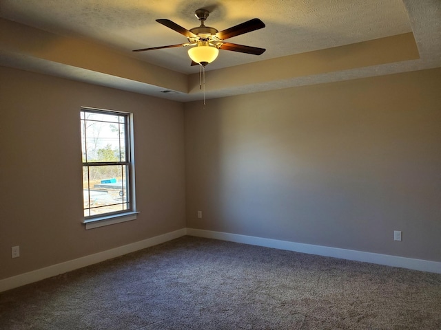 spare room with ceiling fan, carpet, and a raised ceiling