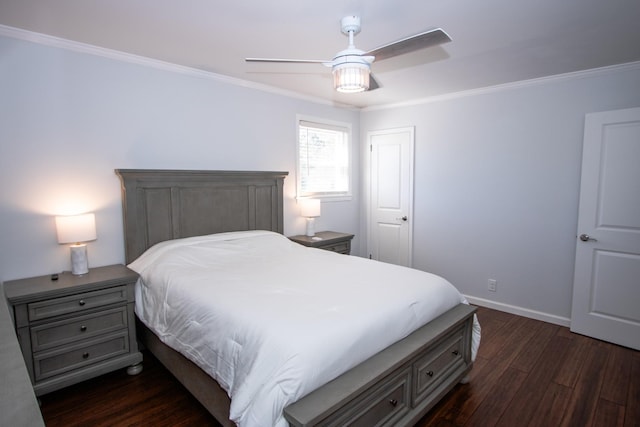 bedroom with ceiling fan, dark hardwood / wood-style flooring, and crown molding