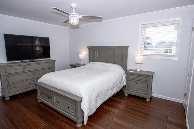 bedroom with ceiling fan, dark wood-type flooring, and ornamental molding