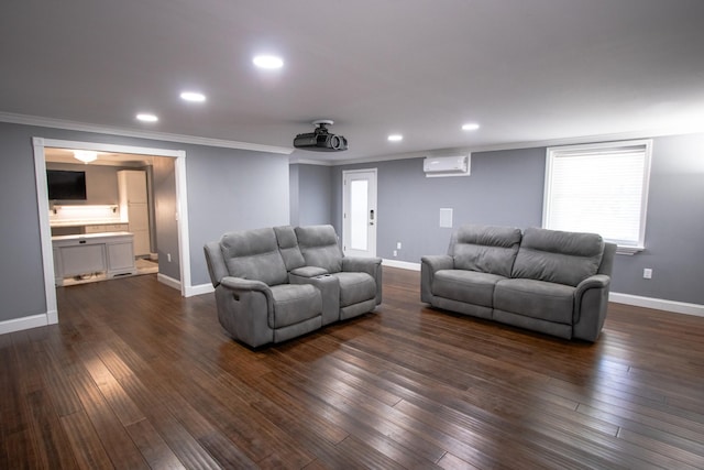 living room featuring dark hardwood / wood-style floors, crown molding, and a wall mounted air conditioner