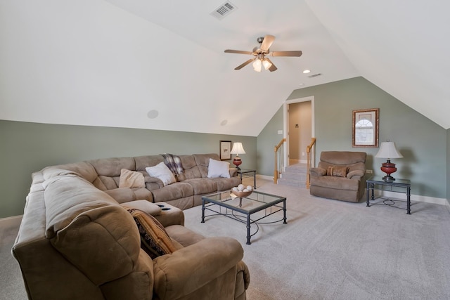 living room with light carpet, ceiling fan, and lofted ceiling