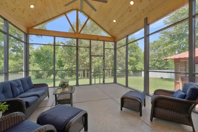 sunroom / solarium featuring wooden ceiling, plenty of natural light, and vaulted ceiling