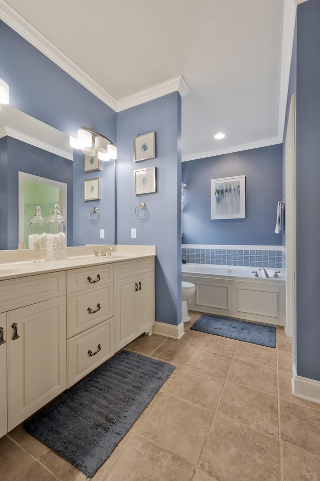 bathroom featuring a tub, vanity, and crown molding