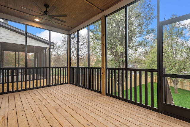 unfurnished sunroom featuring ceiling fan and wood ceiling