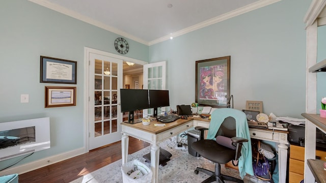 home office featuring hardwood / wood-style flooring, crown molding, and french doors