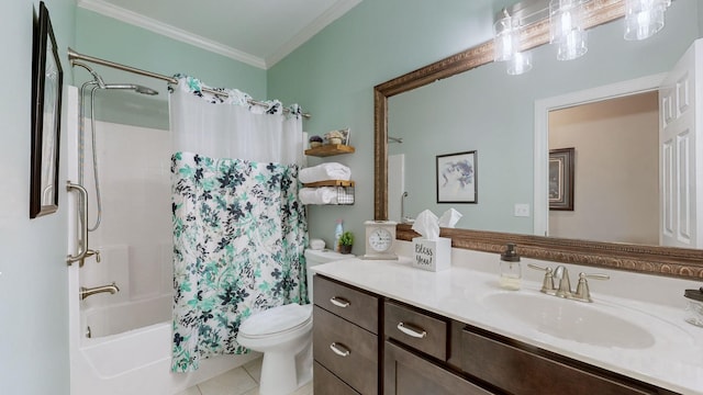 full bathroom with vanity, shower / tub combo, toilet, crown molding, and tile patterned floors