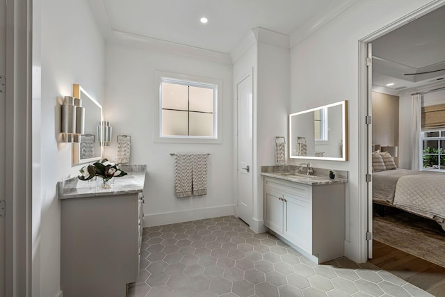 bathroom with crown molding, vanity, and hardwood / wood-style floors