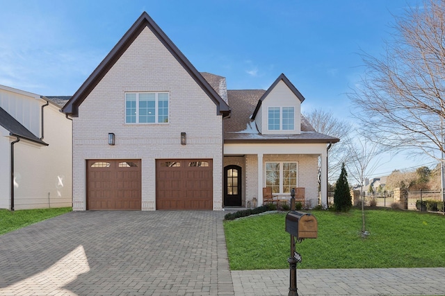 view of front of home featuring a garage, a porch, and a front lawn