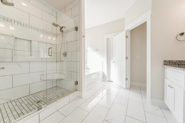 bathroom with vanity and plus walk in shower