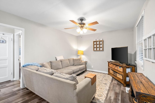 living room featuring ceiling fan and dark wood-type flooring