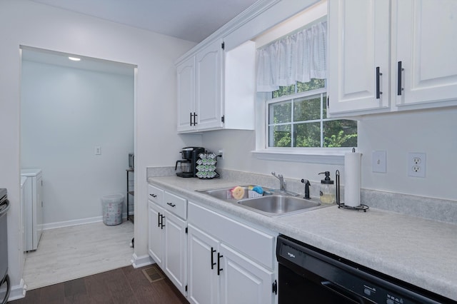 kitchen with white cabinetry, dishwasher, dark hardwood / wood-style floors, and sink