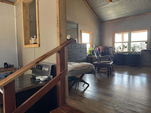 interior space with high vaulted ceiling and dark hardwood / wood-style floors