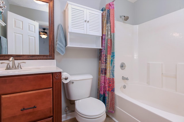 full bathroom with ceiling fan, toilet, vanity, and shower / bathtub combination with curtain