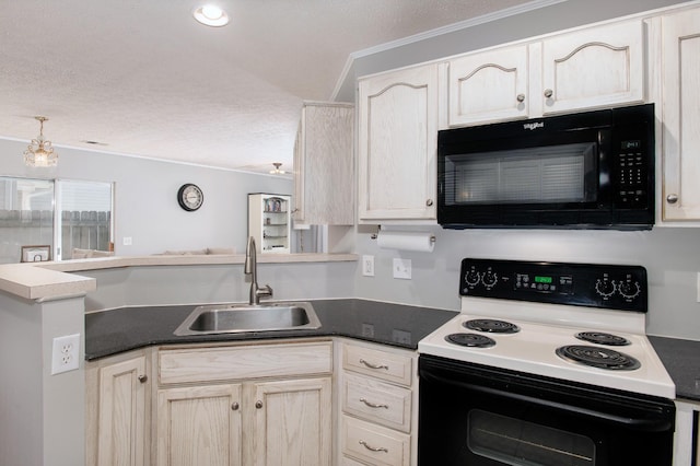 kitchen featuring a textured ceiling, crown molding, sink, and electric stove