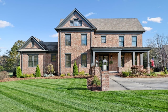 craftsman inspired home with a front lawn