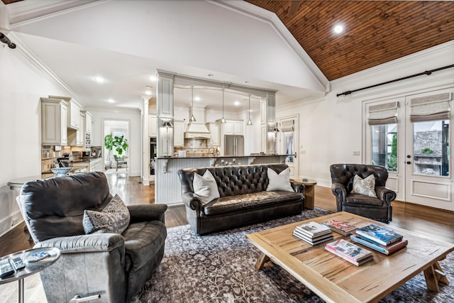 living room featuring wooden ceiling, crown molding, dark hardwood / wood-style floors, and high vaulted ceiling