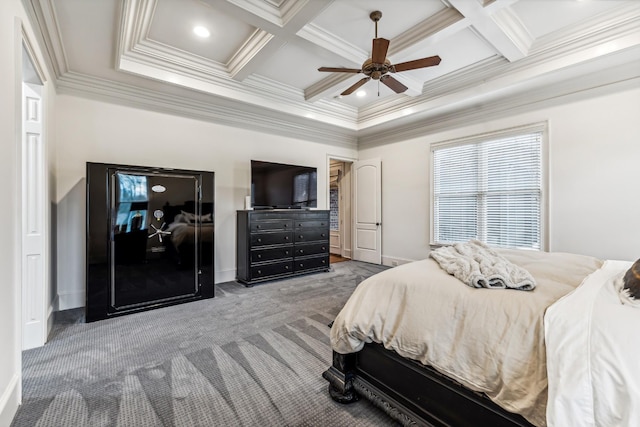 carpeted bedroom featuring ceiling fan, ornamental molding, beamed ceiling, and coffered ceiling