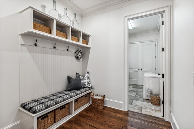 mudroom featuring dark hardwood / wood-style floors and crown molding