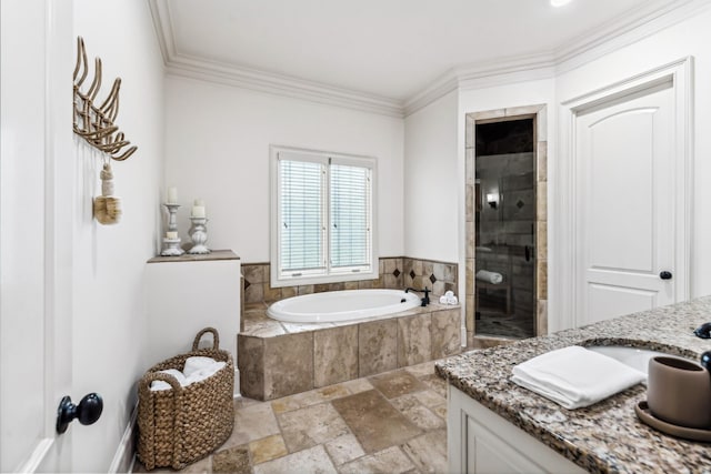 bathroom with vanity, crown molding, and shower with separate bathtub