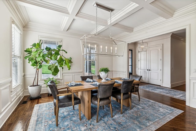 dining space featuring beam ceiling, coffered ceiling, dark wood-type flooring, ornamental molding, and a chandelier