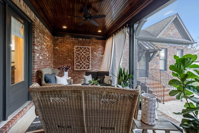 view of patio / terrace featuring ceiling fan and an outdoor hangout area