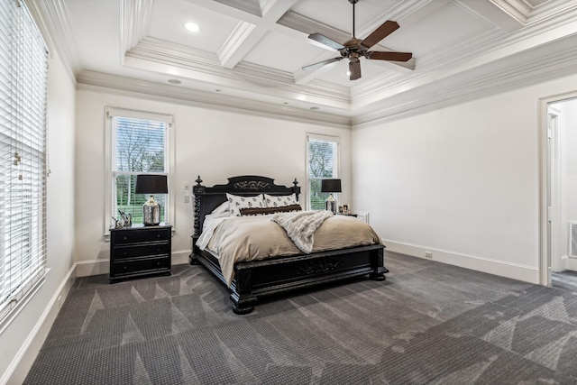 bedroom with coffered ceiling, ceiling fan, dark colored carpet, ornamental molding, and beamed ceiling