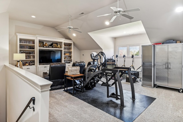 exercise area with ceiling fan, vaulted ceiling, and carpet flooring