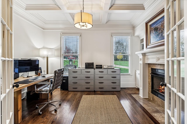 office featuring coffered ceiling, dark hardwood / wood-style flooring, crown molding, beam ceiling, and a tile fireplace