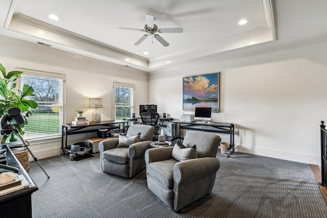 living room with ceiling fan, crown molding, and a raised ceiling