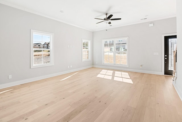 unfurnished living room featuring ornamental molding, ceiling fan, and light hardwood / wood-style floors