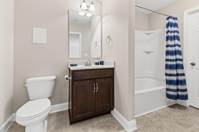 full bathroom featuring vanity, shower / bathtub combination with curtain, and toilet