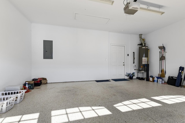 garage with a garage door opener, electric panel, and gas water heater