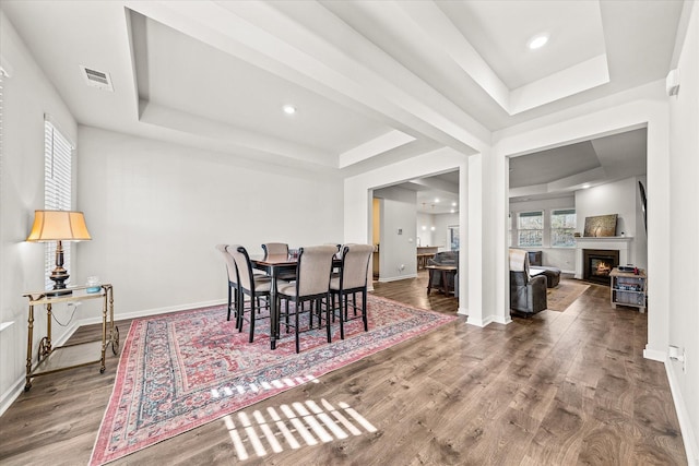 dining room with a wealth of natural light, a tray ceiling, and hardwood / wood-style floors