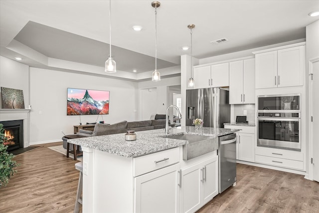 kitchen with a raised ceiling, decorative light fixtures, appliances with stainless steel finishes, and white cabinetry