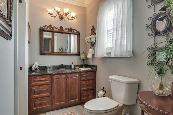 bathroom featuring toilet, vanity, and ornamental molding