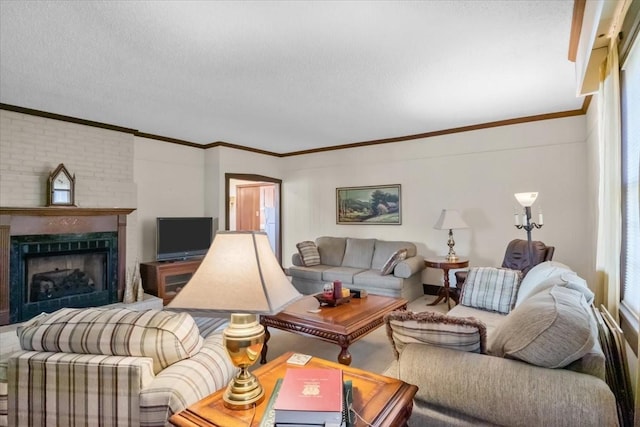 living room with a brick fireplace and a textured ceiling