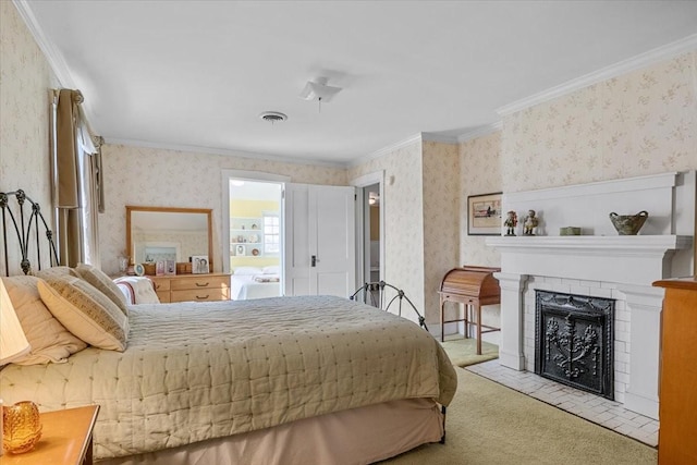 bedroom with light carpet, a brick fireplace, and crown molding