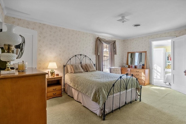 bedroom featuring light carpet and ornamental molding