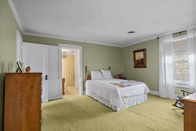 carpeted bedroom featuring ornamental molding