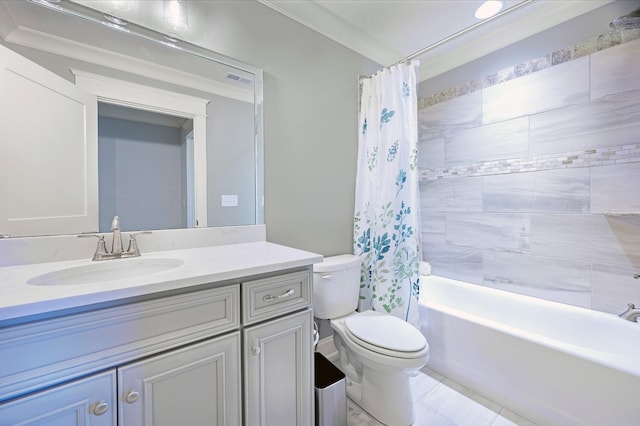 full bathroom featuring shower / bathtub combination with curtain, vanity, crown molding, and toilet