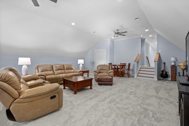 living room featuring crown molding, vaulted ceiling, light colored carpet, and ceiling fan