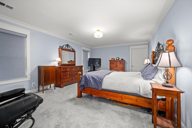 carpeted bedroom with crown molding