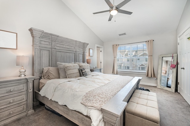 bedroom featuring ceiling fan, carpet, and high vaulted ceiling