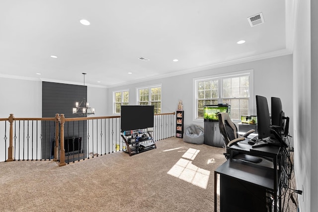 carpeted office with crown molding, plenty of natural light, and an inviting chandelier